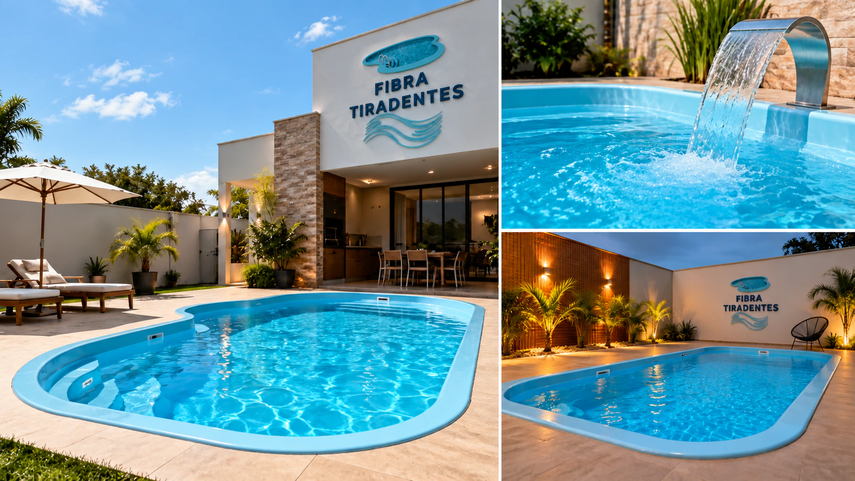 Visual conceitual com piscina, área de lazer e fachada contemporânea